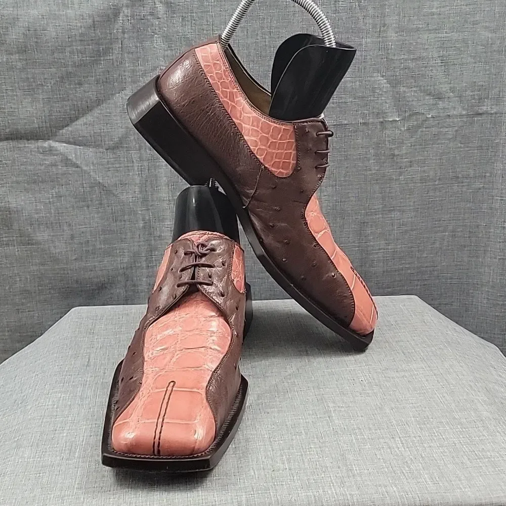 MAURI Italy Men's 9.5M Alligator Ostrich Leather Oxford Derby Shoes Pink / Brown